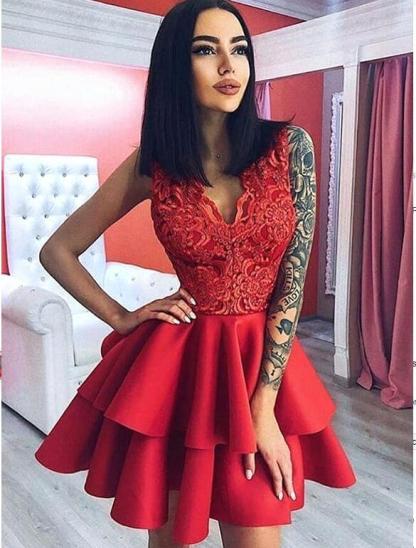 Modern Lace V-neck Red Ruffles Homecoming Dress | Short Party Gown-newarrivaldress
