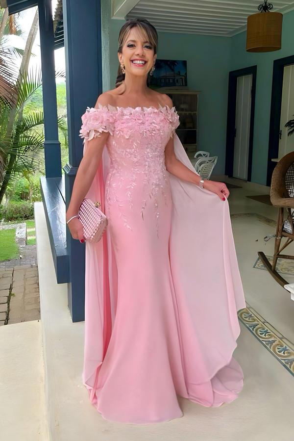 Off-the-Shoulder Pink Chiffon Long Mother of the Bride Dress
