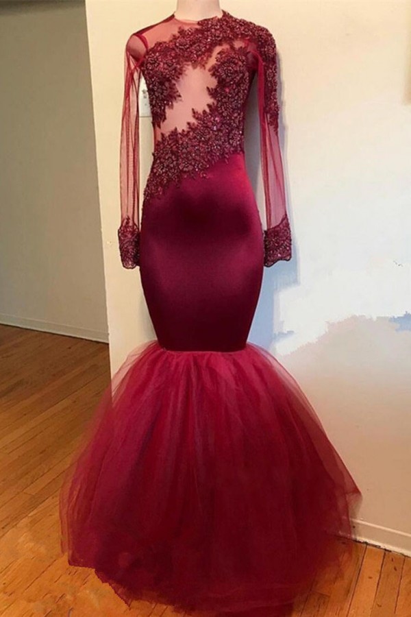 Glamorous Long Sleeves Mermaid Prom Dresses | Jewel Lace Appliques Beading Evening Dresses-newarrivaldress