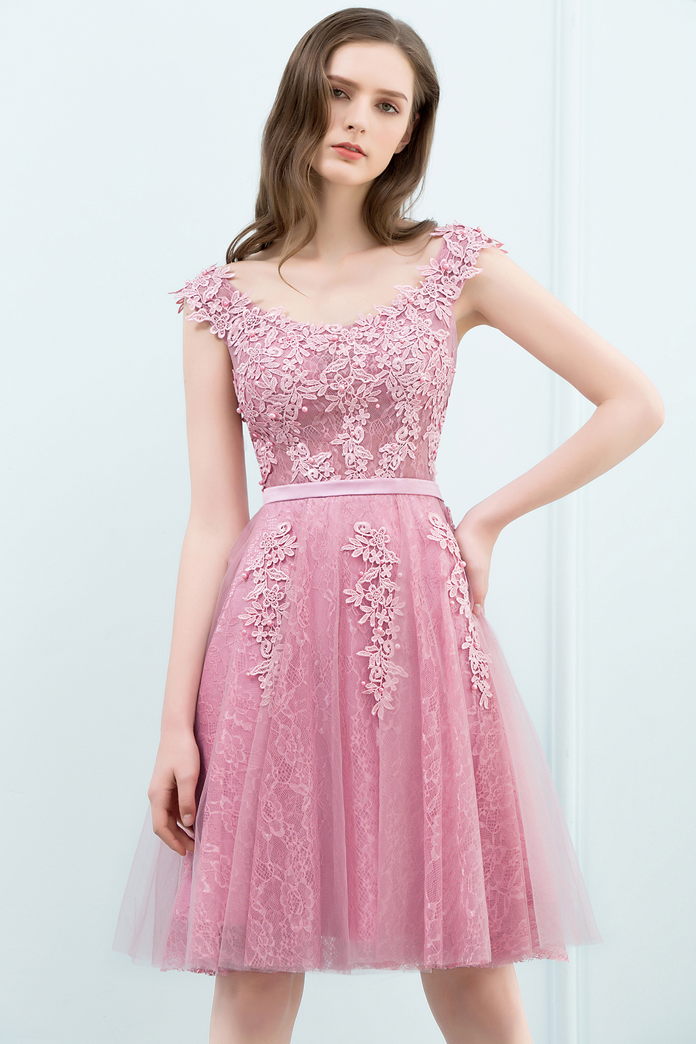 WILMA | Ball Gown Illusion Neckline Tea Length Lace Tulle Dusty Pink Prom Dresses with Beading-newarrivaldress