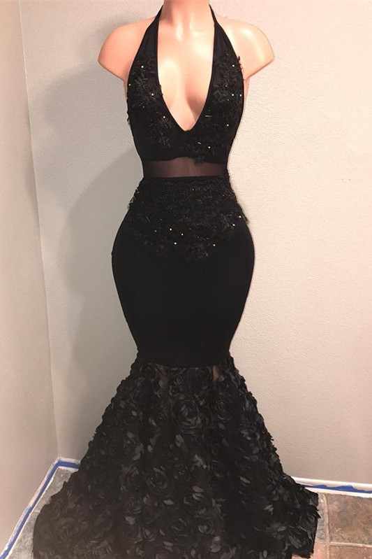 Black V-Neck Prom Dresses | Mermaid Evening Gown With Flowers Bottom BA9153-newarrivaldress