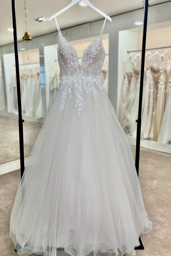 Spaghetti Straps Aline Wedding Dress Tulle Lace Appliques Bridal Dress-newarrivaldress