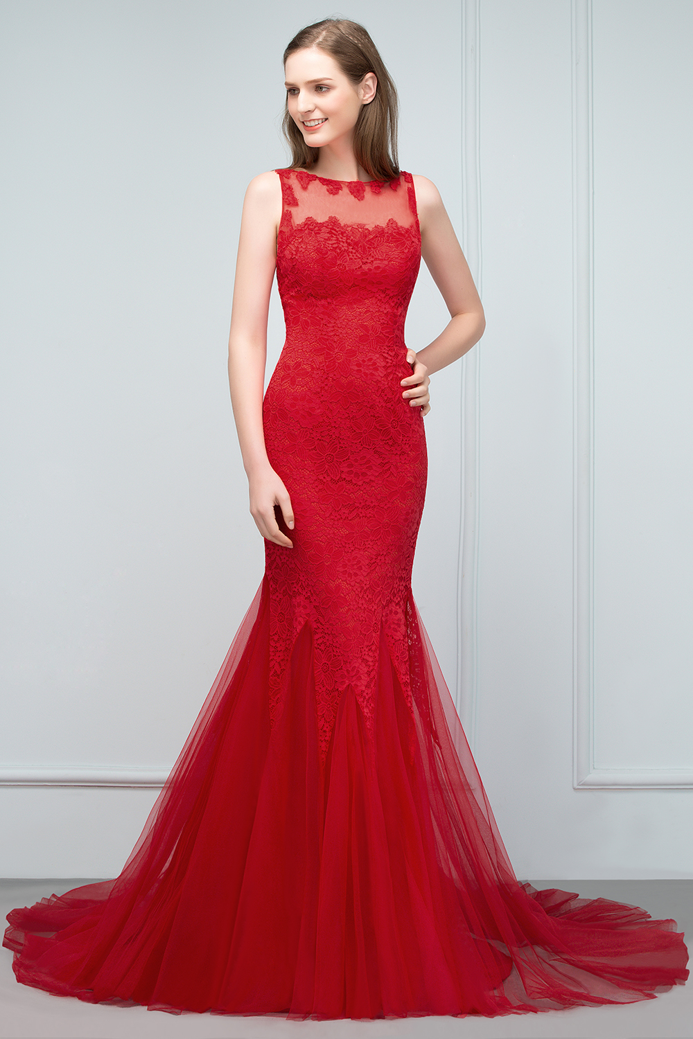 VANESSA | Mermaid Floor Length Illusion Neckline Sleeveless Tulle Lace Prom Dresses-newarrivaldress