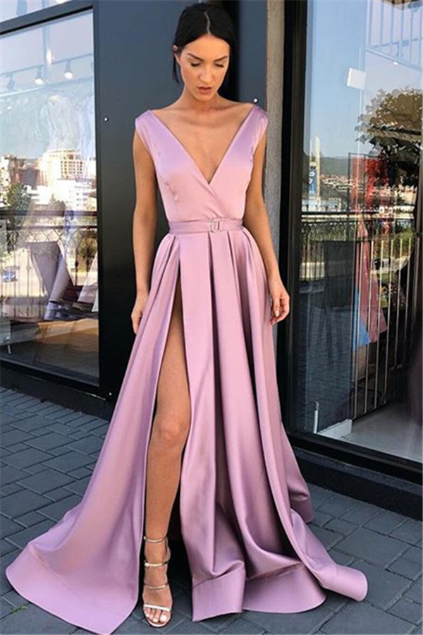 Pink Straps Deep-V-Neck Side-Slit Prom Dresses-newarrivaldress