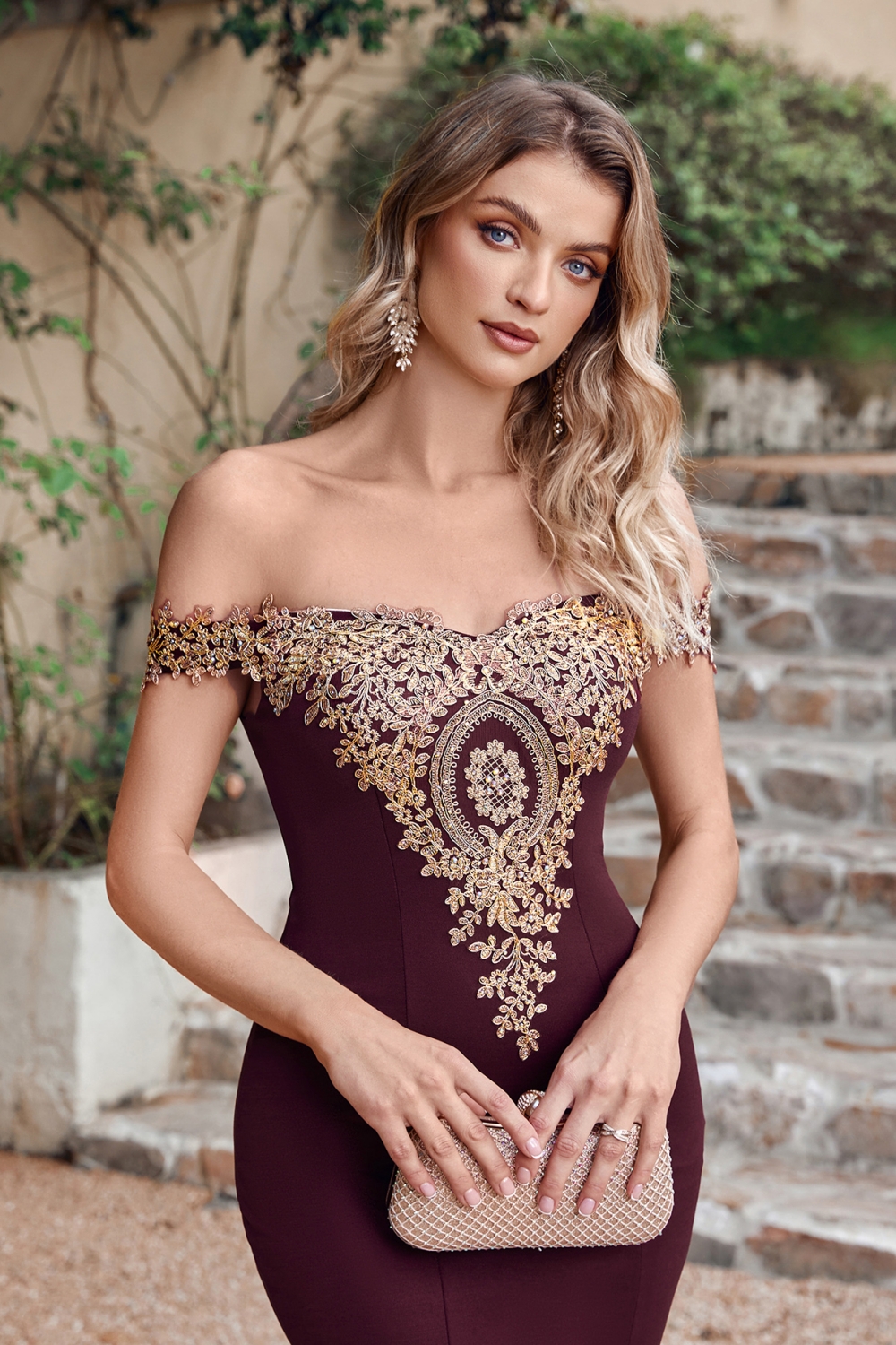 Off-the-shoulder Burgundy Evening Dress with Gold Lace Appliques Floor Length Formal Dress-newarrivaldress