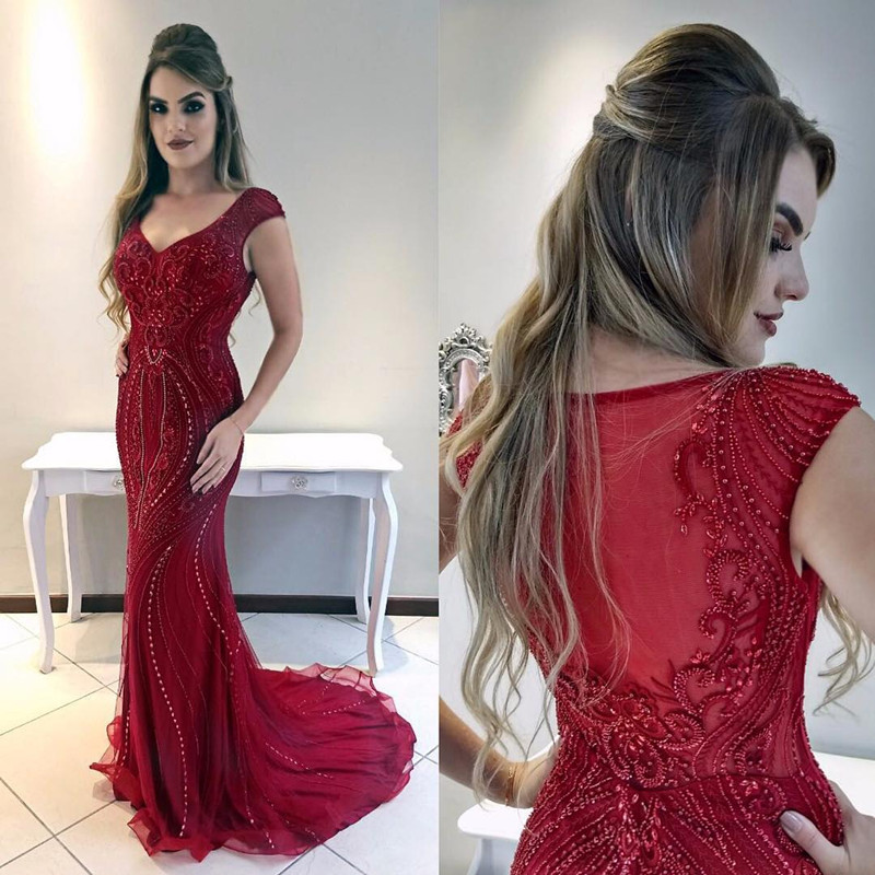 Red Cap-Sleeves Mermaid Gorgeous Prom Dress-newarrivaldress