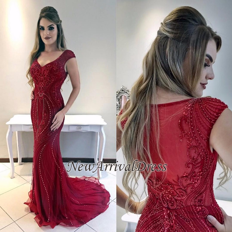 Red Cap-Sleeves Mermaid Gorgeous Prom Dress-newarrivaldress