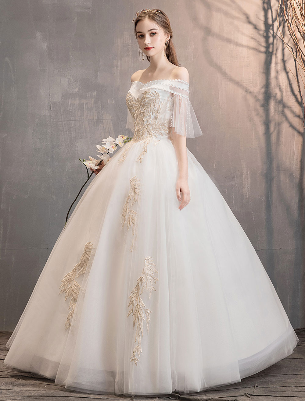 Princess Wedding Dress Ivory Off The Shoulder Floor Length Bridal Gown-newarrivaldress