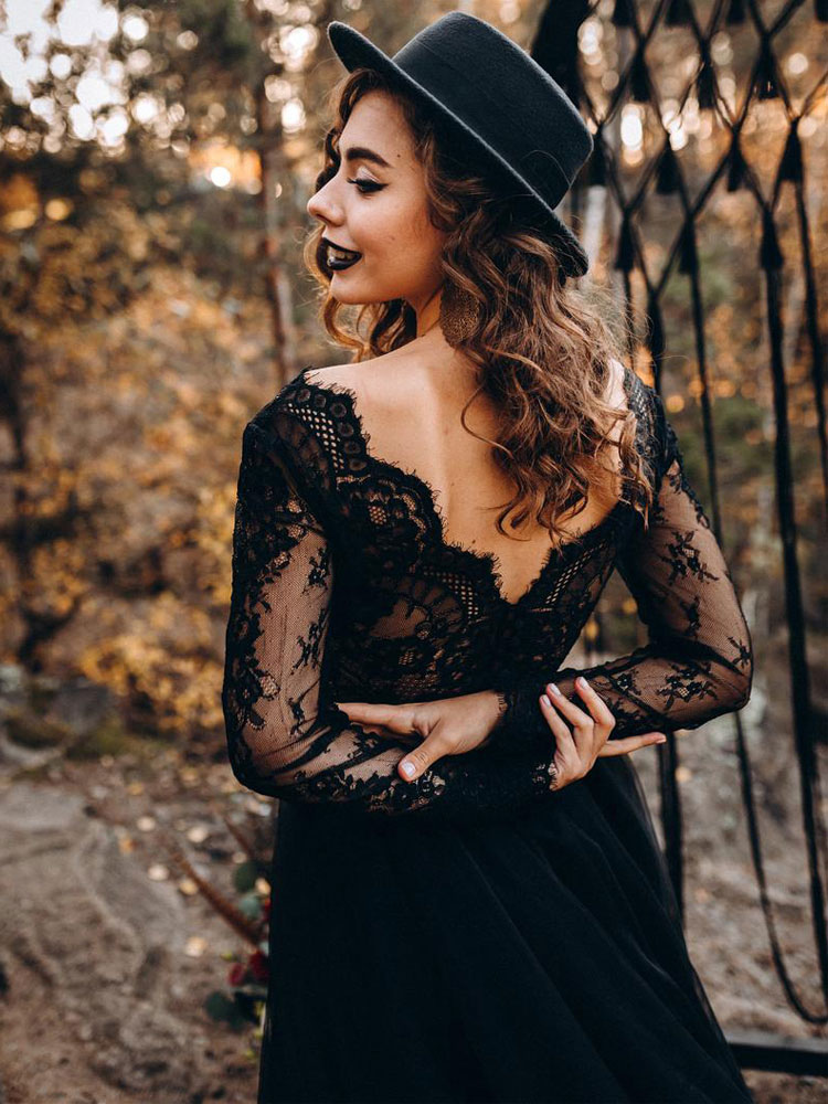 Black Wedding Dresses A-Line Designed Tulle Lace Bridal Gown Long Sleeves-newarrivaldress
