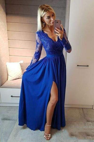 Royal Blue V Neck Long Sleeve Prom Floor Length Split Evening Dress with Lace-newarrivaldress