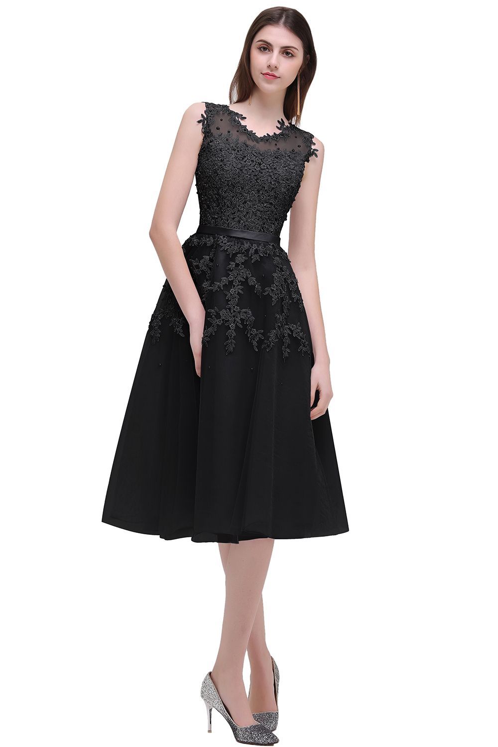 Tea-Length A-line Lace Appliques Beaded Party Dresses Sleeveless Short Homecoming Dresses-newarrivaldress