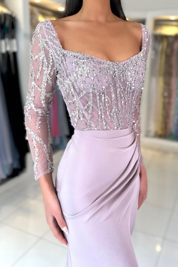 Amazing Long Sleeves Satin Evening Dresses U Neck Beadings Formal Dress-newarrivaldress