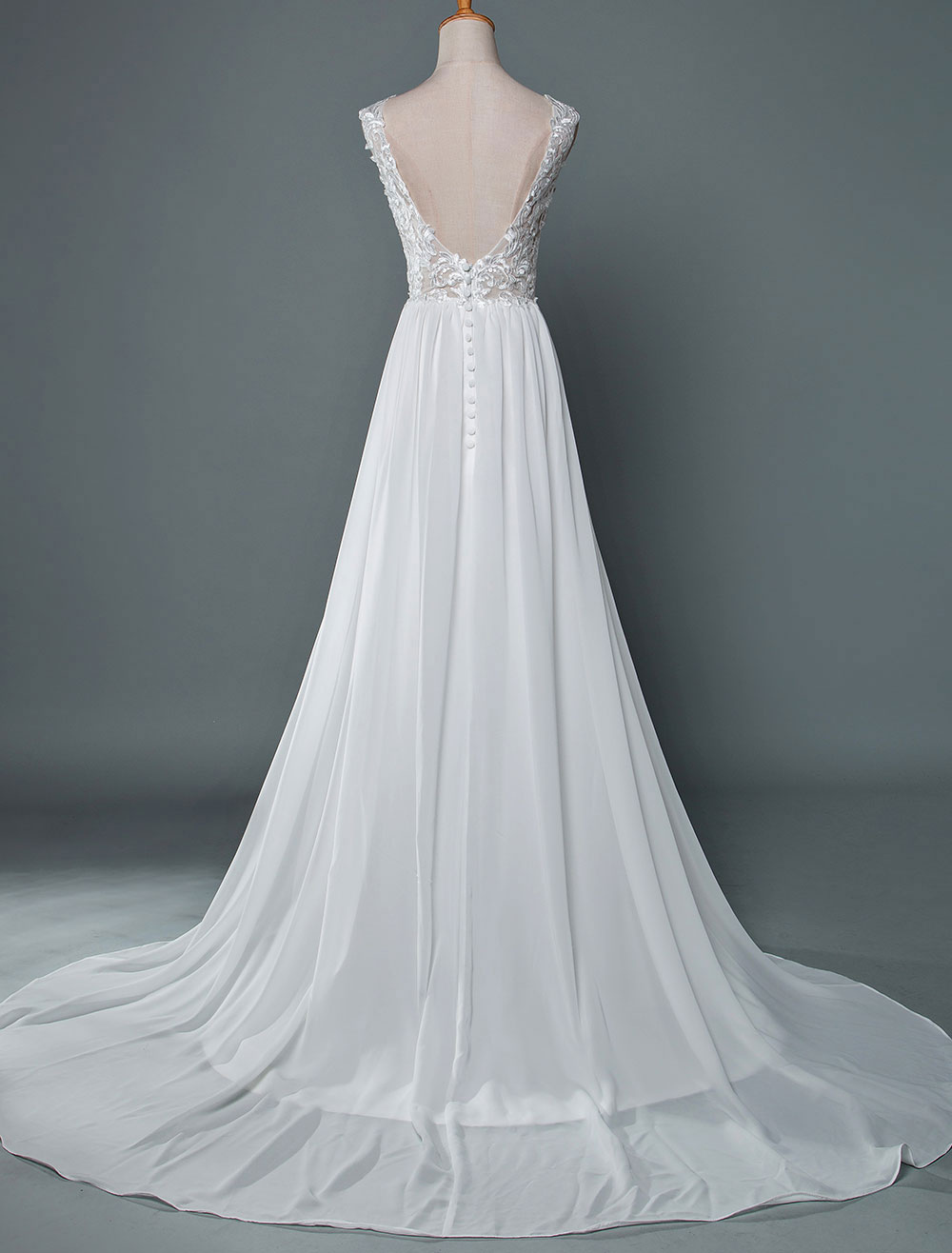 Wedding Dress V Neck Sleeveless Lace A Line Floor Length Chiffon Bridal Gowns With Train-newarrivaldress
