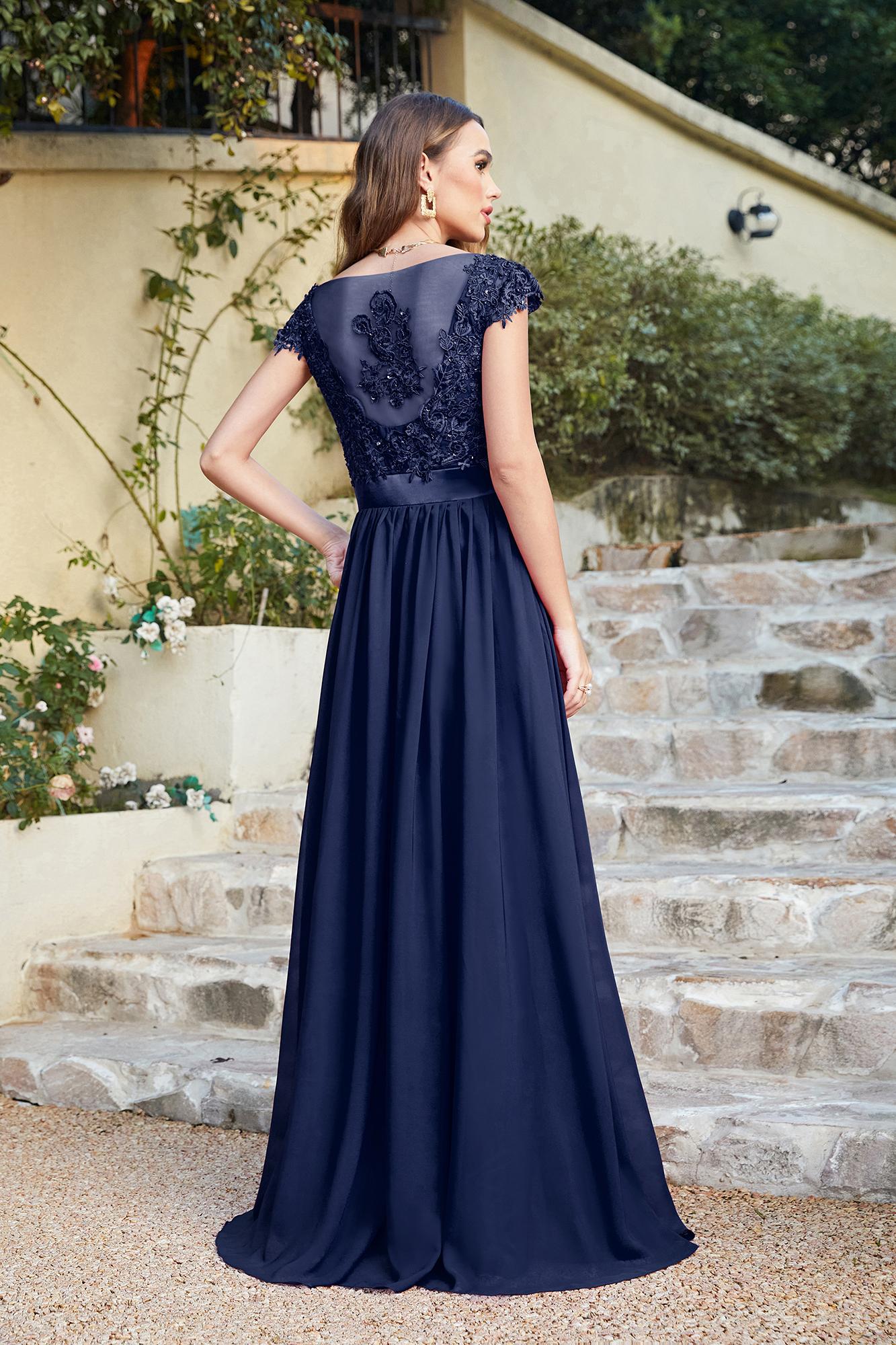 Chic Cap Sleeves Floral Lace Aline Long Evening Dresses Beadings Floor Length Chiffon Bridesmaid Dresses-newarrivaldress
