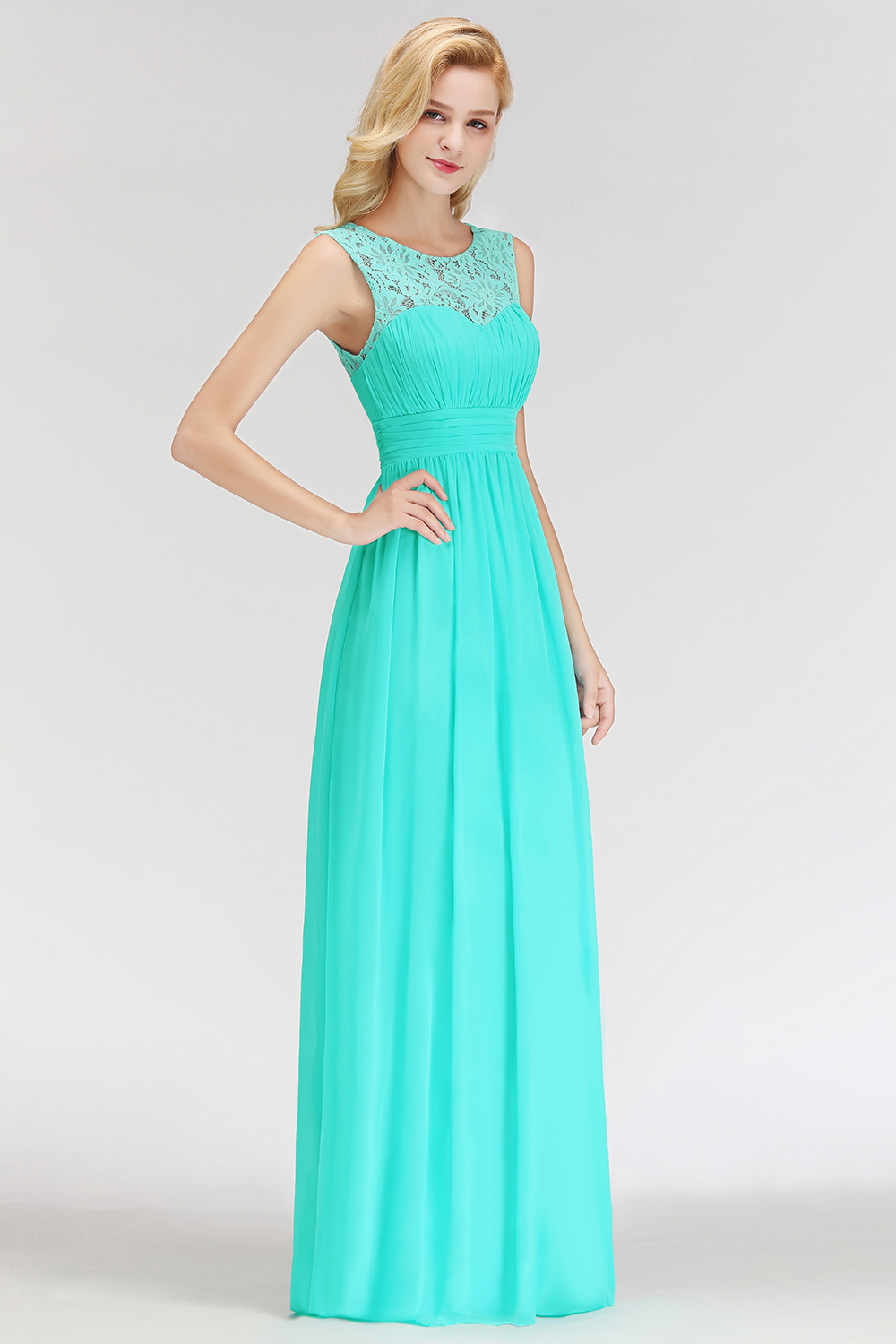 MABEL | A-line Sleevless Long Lace Appliques Neckline Bridesmaid Dresses-newarrivaldress