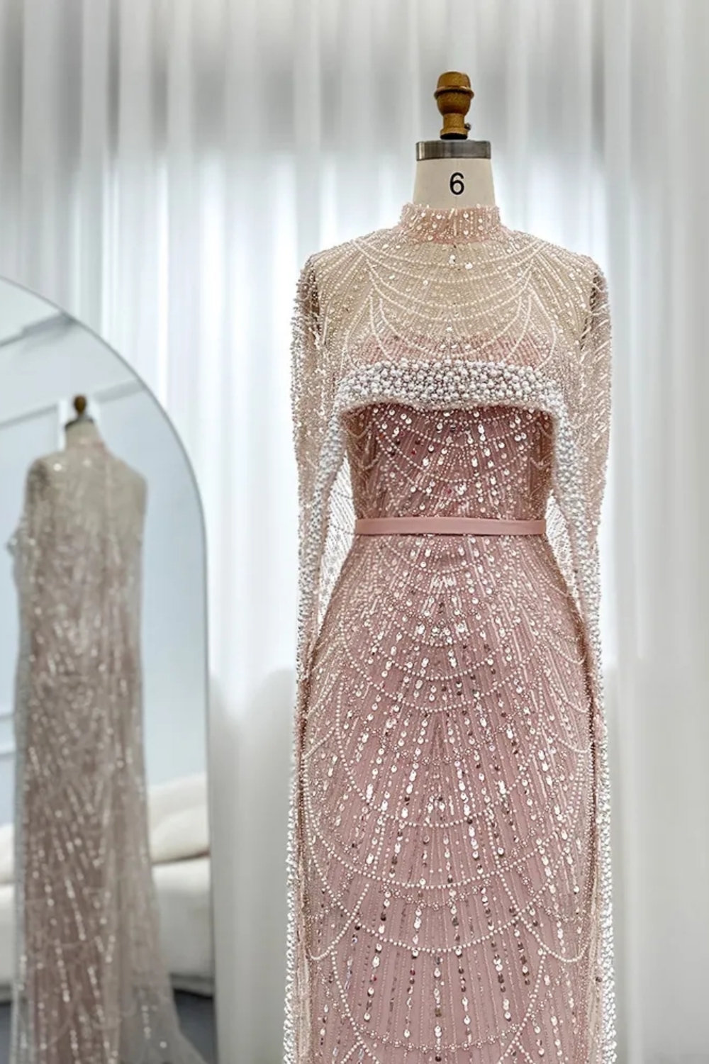 Luxury Sequins Dubai Mermaid Evening Dress with Cape Glitter Pearls Floor Length Party Dress-newarrivaldress