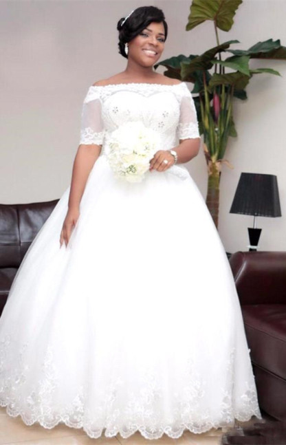 Modest White Lace Half-Sleeve Ball-Gown Wedding Dress-newarrivaldress