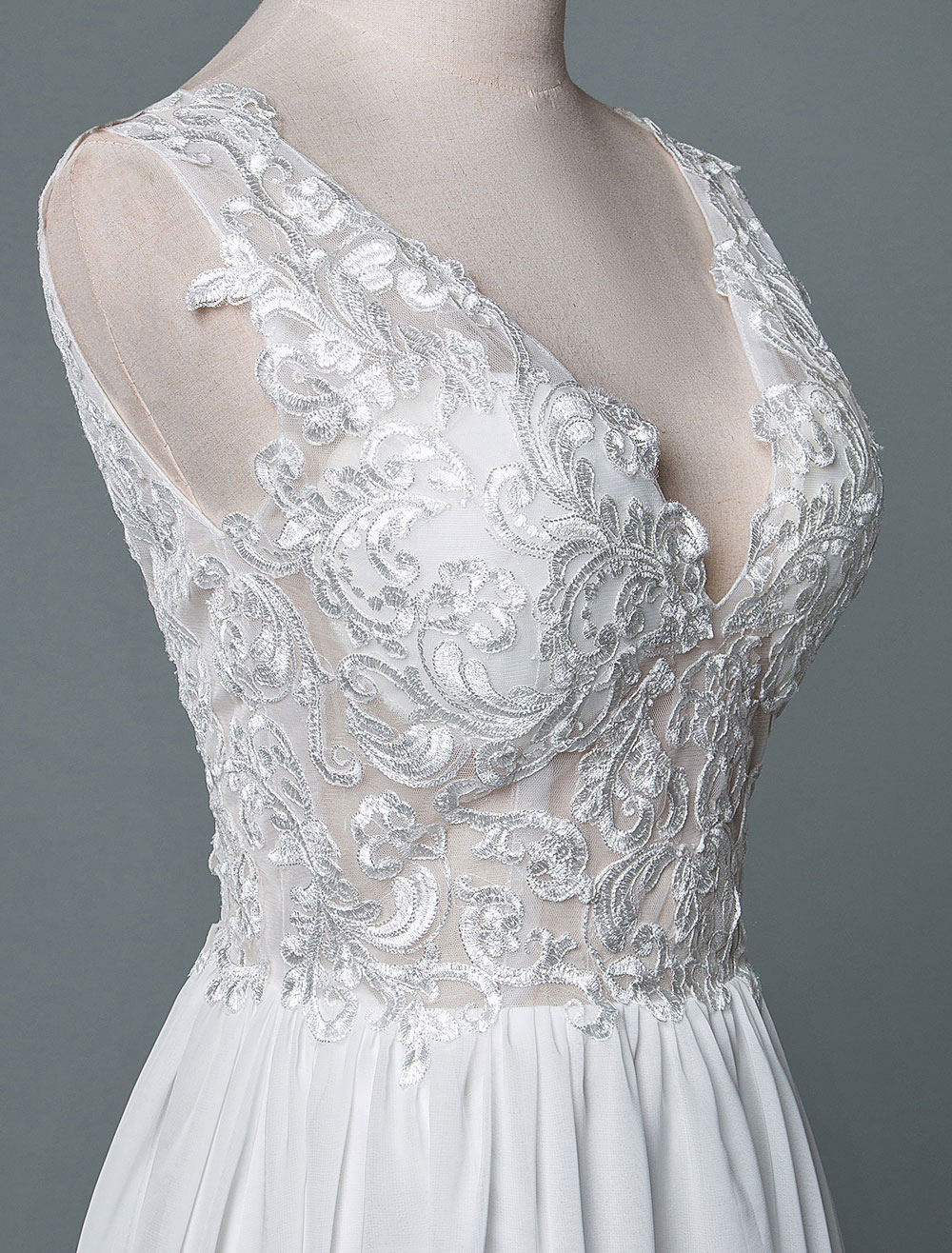 Wedding Dress V Neck Sleeveless Lace A Line Floor Length Chiffon Bridal Gowns With Train-newarrivaldress