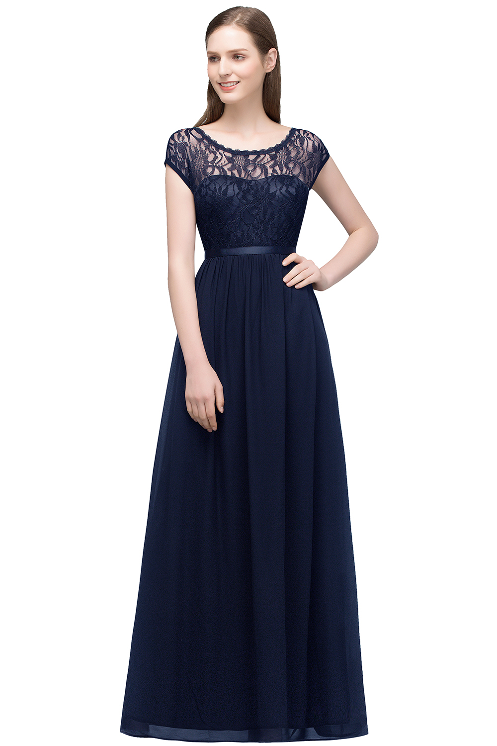 REESE | A-line Floor Length Short Sleeves Lace Bridesmaid Dresses with Sash-newarrivaldress