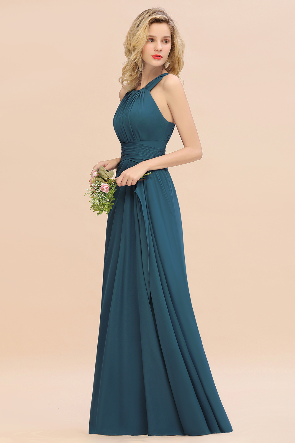 Halter Ruched Chiffon Mermaid Bridesmaid Dress Long Wedding Guest Dress-newarrivaldress