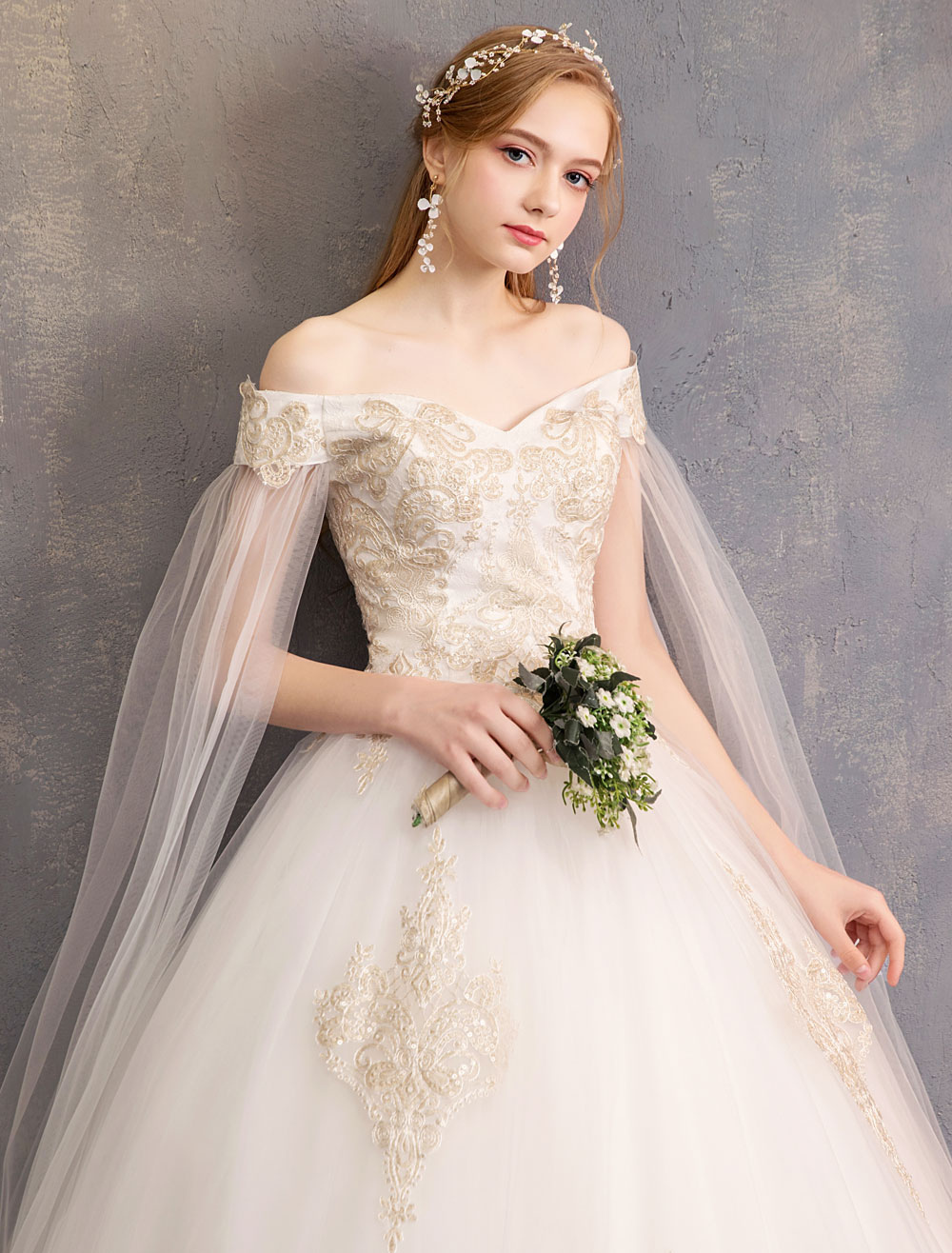 Wedding Dresses Tulle Off-The-Shoulder Short Sleeve Lace Applique Princess Bridal Gown