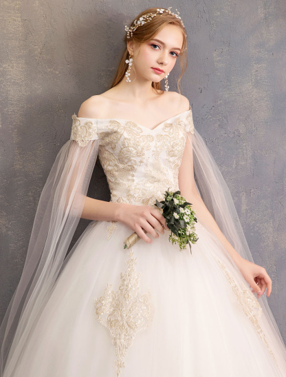 Wedding Dresses Tulle Off-The-Shoulder Short Sleeve Lace Applique Princess Bridal Gown