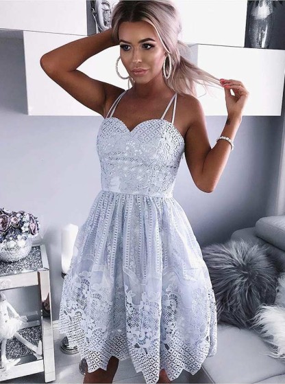 Delicate Lace A-line Spaghetti Strap Homecoming Dress | 2021 Short Party Gown-newarrivaldress