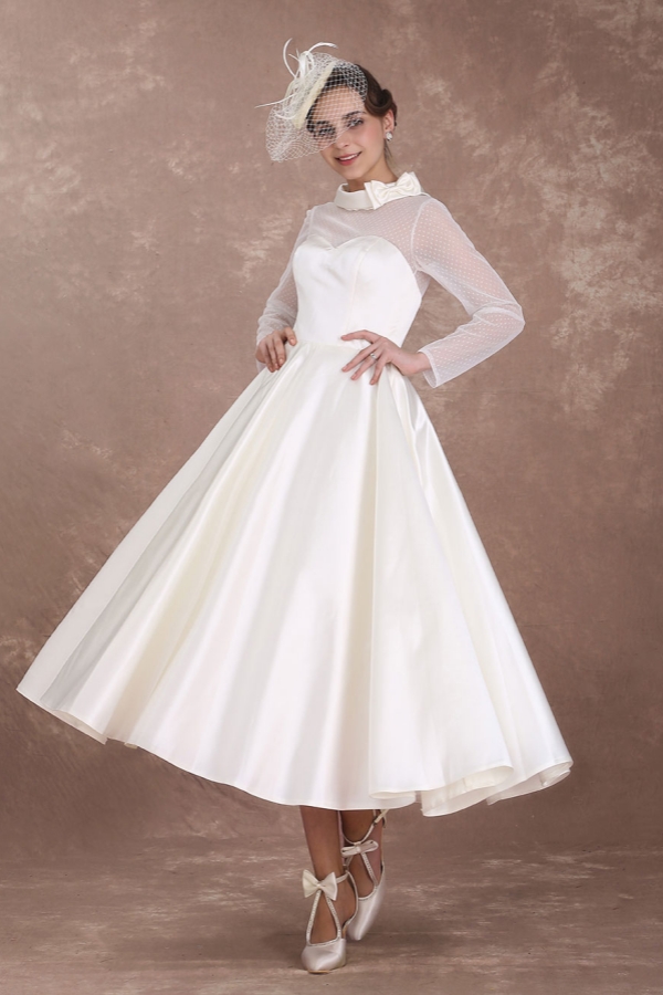 Long Sleeve Sweetheart Satin Ivory Rockabilly Wedding Dresses Short Vintage Bridal Dress-newarrivaldress
