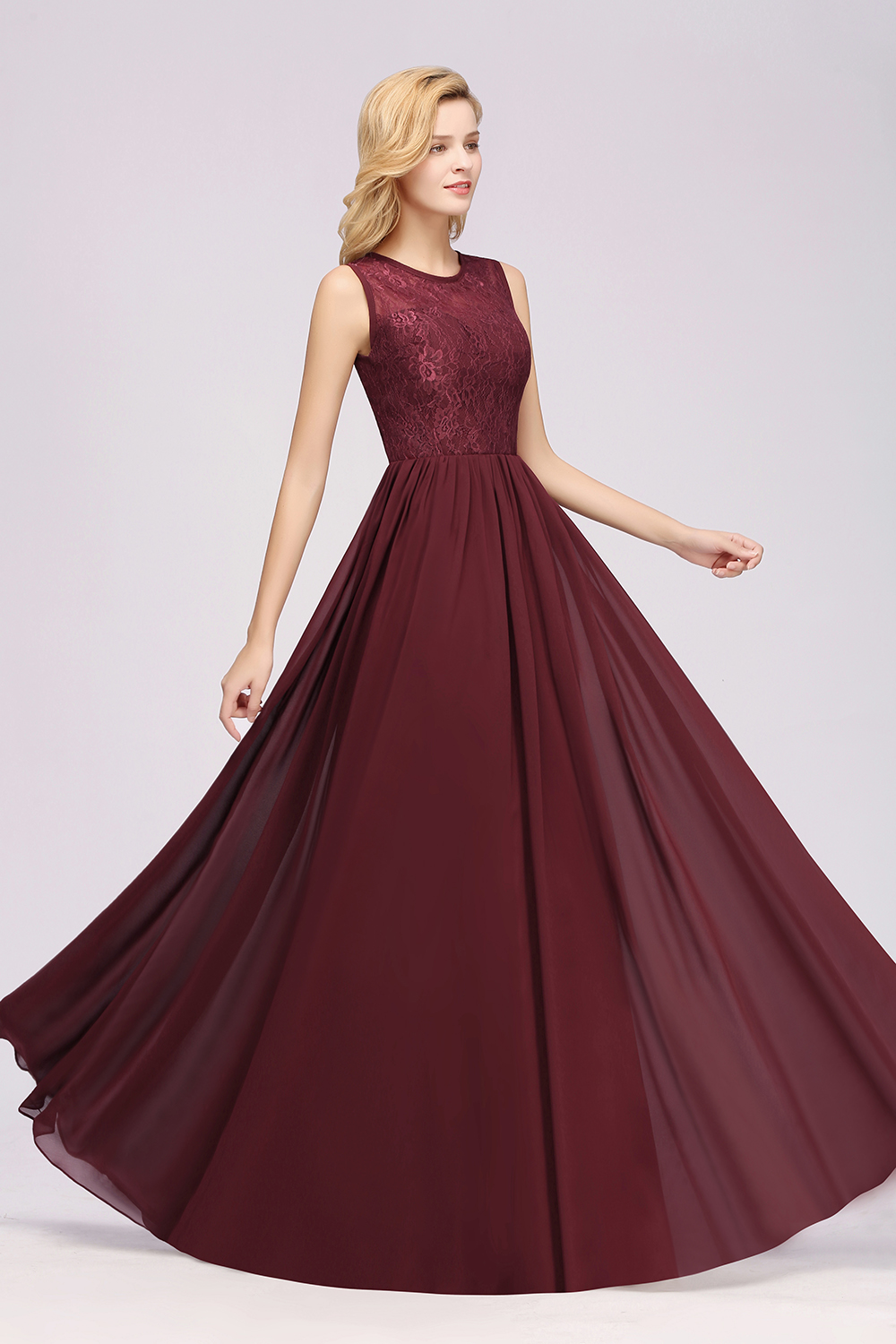 A-line Chiffon Lace Jewel Sleeveless Ruffles Floor-Length Bridesmaid Dresses with Appliques-newarrivaldress