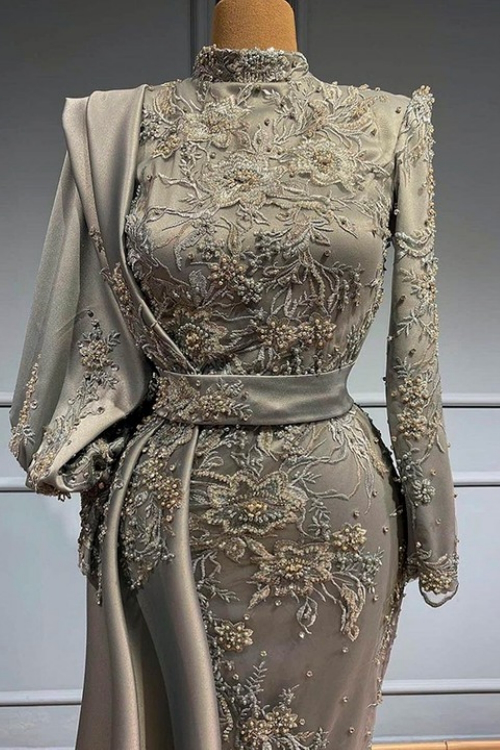 Gorgeous High Neck Long Sleeves Satin Mermaid Evening Gowns Gold Appliques with Sweep Train-newarrivaldress