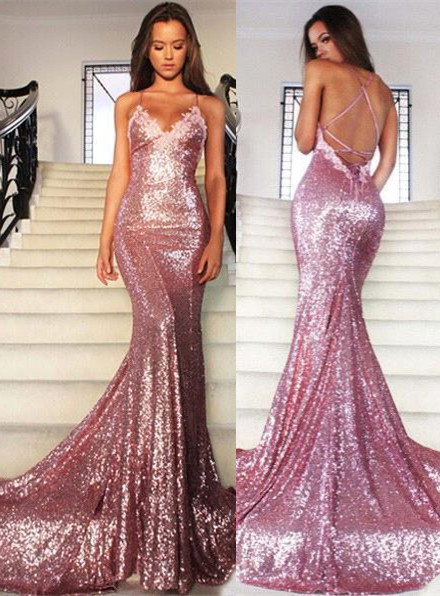 Sexy Pink Sequined Mermaid Sleeveless Spaghetti Strap Prom Dress-newarrivaldress