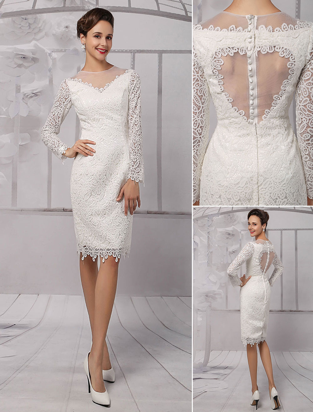 Simple Wedding Dresses 2021 Short Long Sleeve Illusion Neckline Koyhole Knee Length Sheath Bridal Dress Exclusive-newarrivaldress