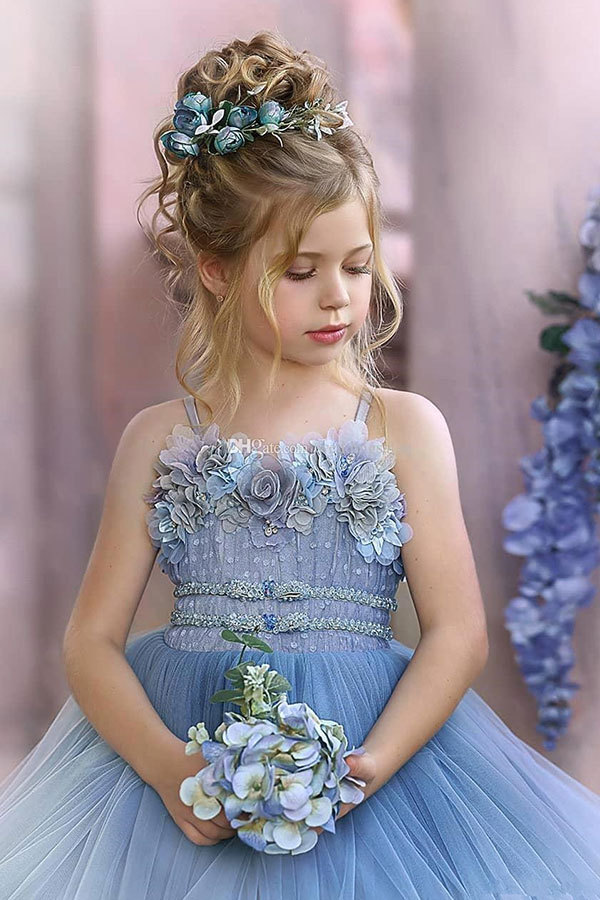 Straps Blue Ruffles Puffy Princess Flower Girl Dresses-newarrivaldress