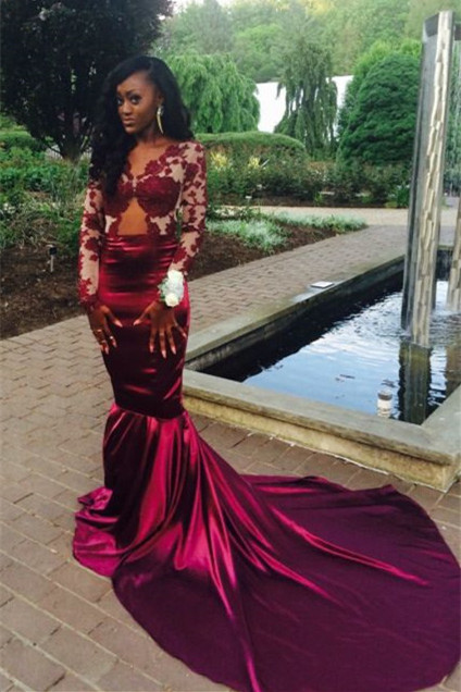 Long-Sleeve Lace Sexy Sweep-Train Velvet Mermaid Prom Dress-newarrivaldress