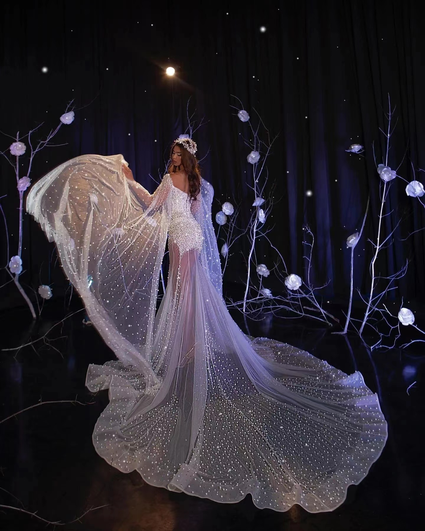 Elegant Pearl Long Sleeves Beaded Mermaid Sweetheart Prom Dress