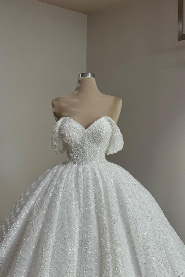 Glitter Sequins White Ball Gown Off-the-Shoulder Beadings Aline Wedding Gowns-newarrivaldress