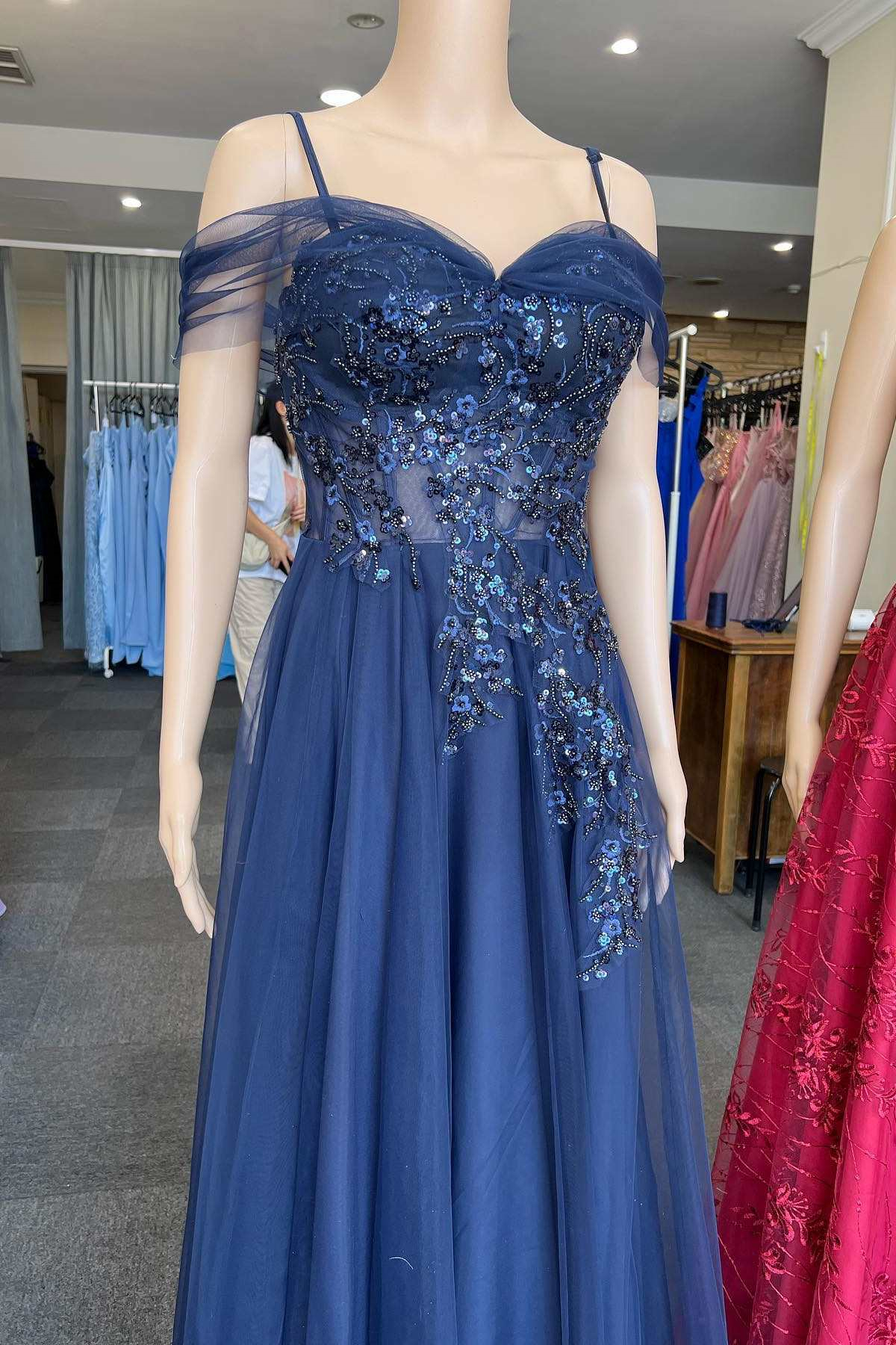Off-the-Shoulder Navy Blue Evening Dress Tulle Lace Formal Dresses with Appliques-newarrivaldress