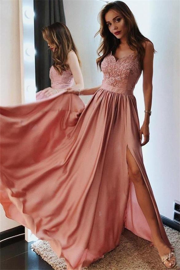 Appliques Spaghetti-Straps Sleeveless Side-Slit A-Line Prom Dresses-newarrivaldress