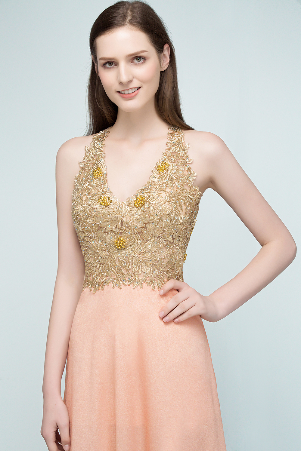 RENA | A-line Floor Length Spaghetti V-neck Appliqued Chiffon Bridesmaid Dresses-newarrivaldress