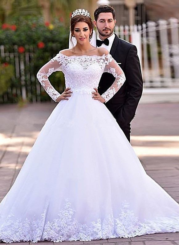 Lace Long Sleeve Wedding Dresses Off-the-shoulder A-line Bridal Gowns-newarrivaldress