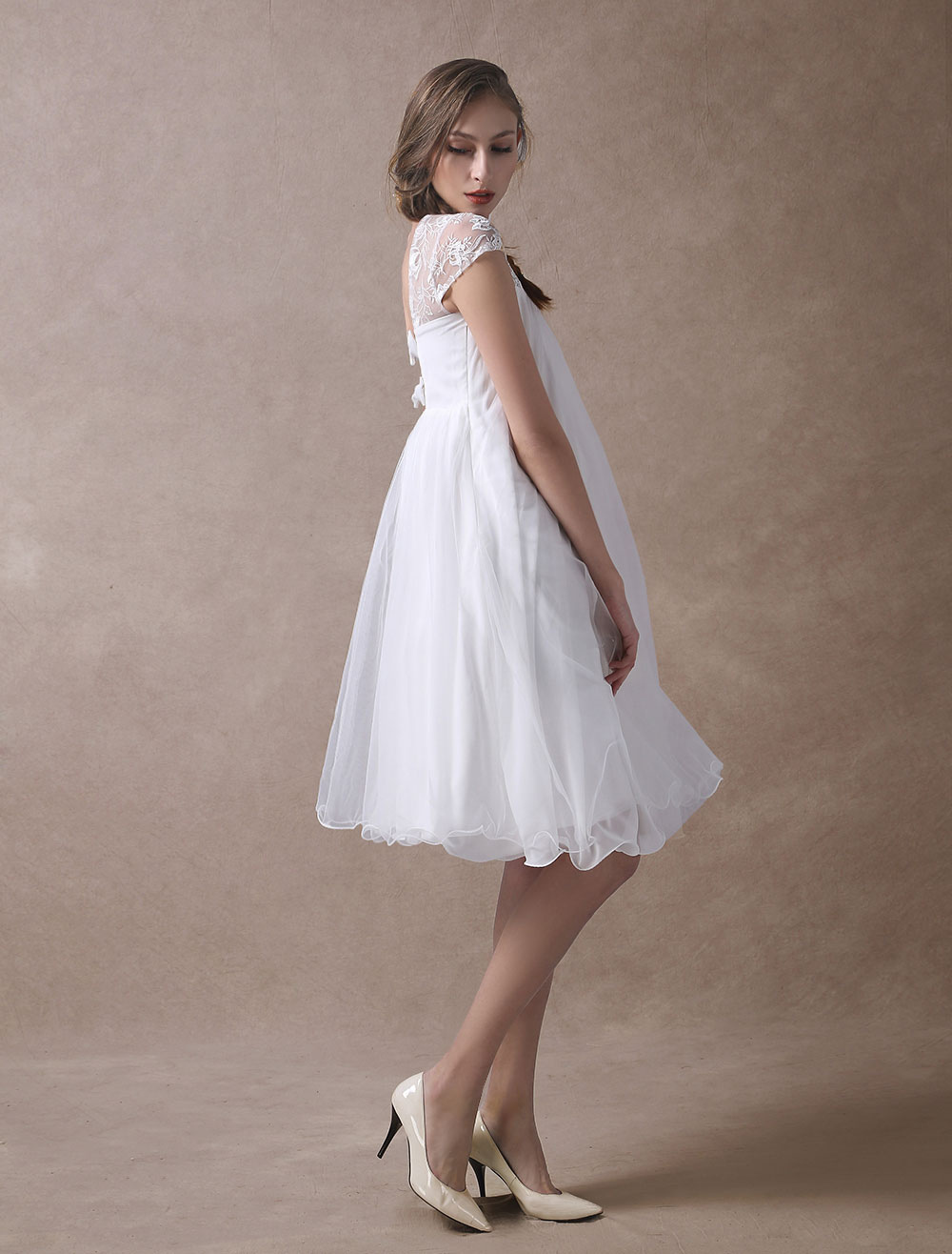 Simple Wedding Dresses Short Empire Waist Lace Tulle Cap Sleeve Pregnant Bridal Dress Exclusive-newarrivaldress