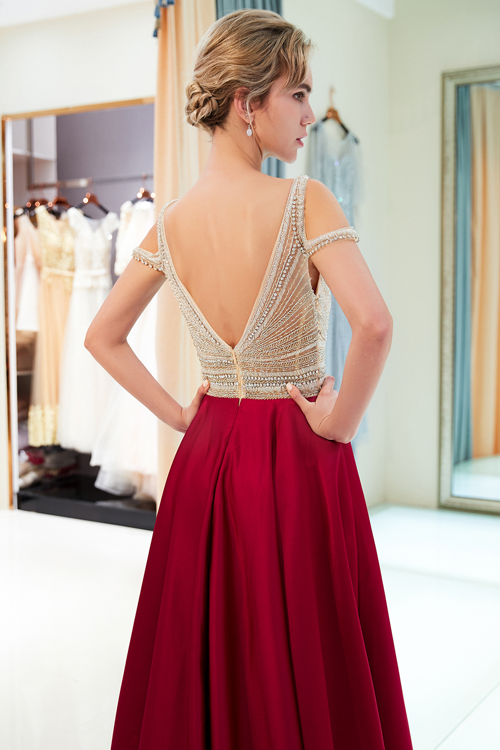 Burgundy A-line V-neck Sleeveless Crystal Beading Evening Dresses-newarrivaldress