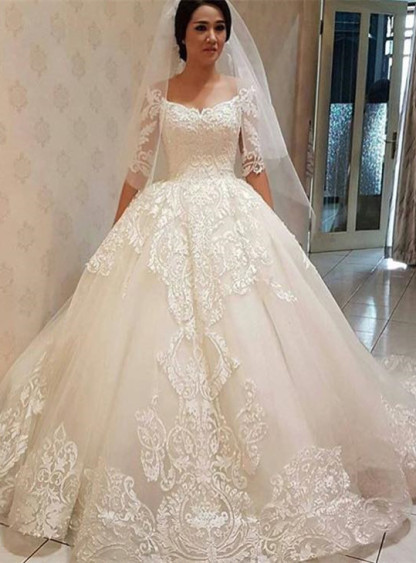 New Arrival Lace Off The Shoulder Half Sleeve Elegant Ball Gown Wedding Dresses-newarrivaldress