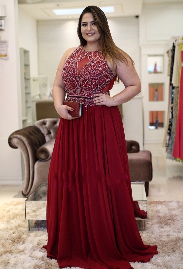 Burgundy A-Line Jewel Vintage Rhinestones Plus-Size Chiffon Prom Dresses