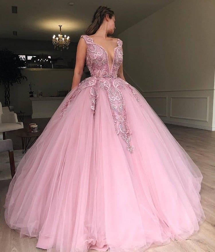 Pink Ball Gown V-Neck Applique Tulle Sleeveless Prom Dersses-newarrivaldress
