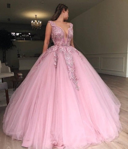 Pink Ball Gown V-Neck Applique Tulle Sleeveless Prom Dersses-newarrivaldress