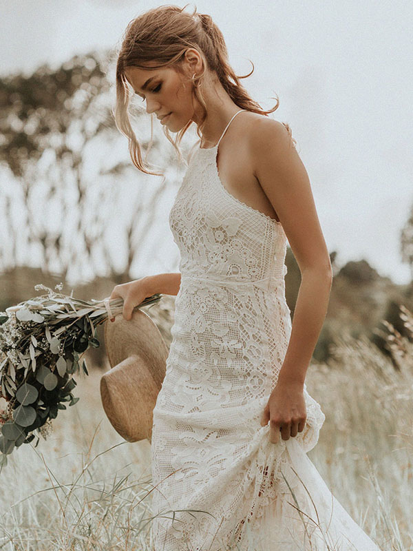Boho Wedding Dress 2021 Lace A Line Halter Sleeveless Floor Length Bridal Gown With Train-newarrivaldress