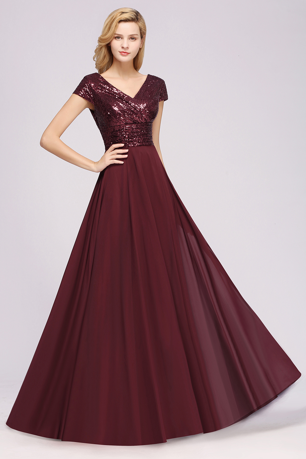 Elegant A-Line Burgundy Chiffon Sequined V-Neck Sleeveless Ruffles Floor-Length Bridesmaid Dresses-newarrivaldress