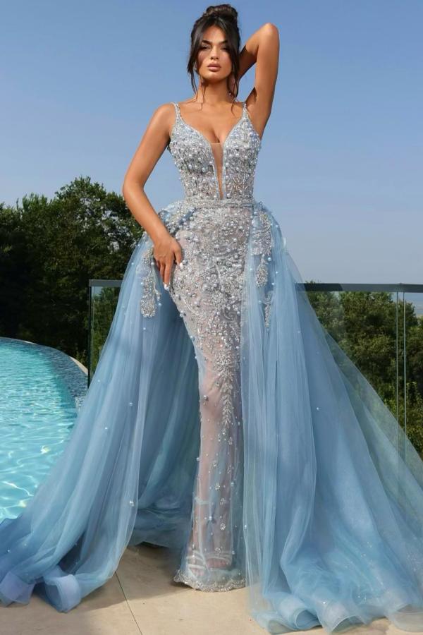 Sexy Sky Blue Pearls Tulle Mermaid Prom Dress V-Neck Floor Length Special Occasion with Sweep Train-newarrivaldress