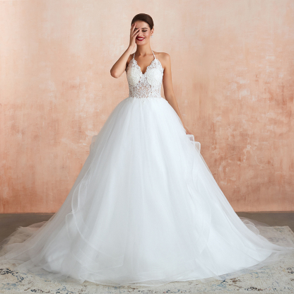 Amazing Halter Floral Lace Aline Wedding Dress Backless Tulle Bridal Gown-newarrivaldress